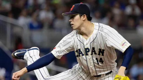 Japan starting pitcher Roki Sasaki (14) pitches against Mexico during the second inning of a semifinal game at the World Baseball Classic at loanDepot Park on Monday, March 20, 2023, in Miami.