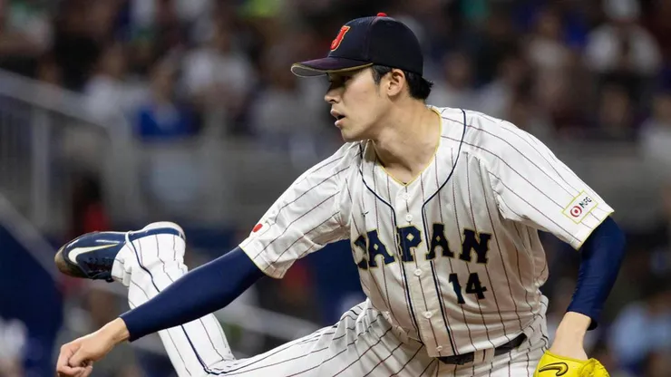 Japan starting pitcher Roki Sasaki (14) pitches against Mexico during the second inning of a semifinal game at the World Baseball Classic at loanDepot Park on Monday, March 20, 2023, in Miami.