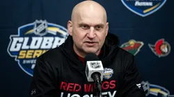 Head coach Derek Lalonde of Detroit Red Wings during a press conference after a practice session with Detroit Red Wings on November 12, 2023 in Stockholm.