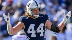 Penn State Nittany Lions tight end Tyler Warren (44) reacts during the NCAA football game between the SMU Mustangs and the Penn State Nittany Lions at Beaver Stadium in State College, PA.