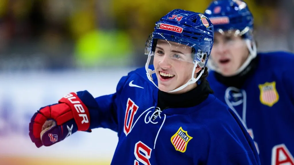 Gabe Perreault of USA celebrates the 1-0 goal during the 2024 IIHF World Junior Championship final between USA and Sweden on January 5, 2024 in Gothenburg.