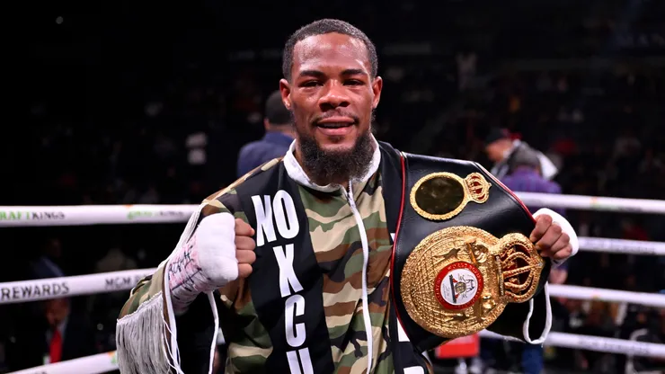 Roach celebrates after winning a WBA super featherweight championship fight against Hector Garcia in 2023