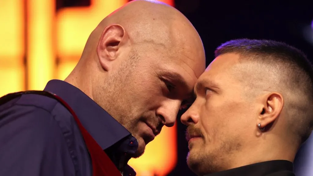 Tyson Fury and Oleksandr Usyk face off during the Tyson Fury v Oleksandr Usyk Press Conference at Outernet London on November 16, 2023 in London, England. (Photo by Alex Pantling/Getty Images)