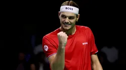 Taylor Fritz celebrates after winning his match against Alex de Minaur of Australia in the quarterfinal tie between USA and Australia during the Davis Cup Finals in 2024.