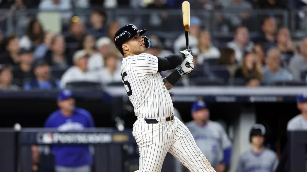 Gleyber Torres #25 of the New York Yankees hits a two run home run against the Kansas City Royals during the third inning in Game One of the Division Series at Yankee Stadium on October 05, 2024 in New York City. (Photo by Elsa/Getty Images)