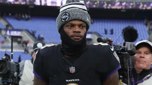 Baltimore Ravens QB Lamar Jackson (8) leaves the field after leading his team to a 56-19 victory against the Miami Dolphins at M&T Bank Stadium in Baltimore, MD.