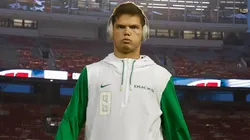 Oregon Ducks quarterback Dillon Gabriel (8) warming up before the NCAA, College League, USA Football game between the Oregon Ducks and the Wisconsin Badgers at Camp Randall Stadium in Madison, WI.