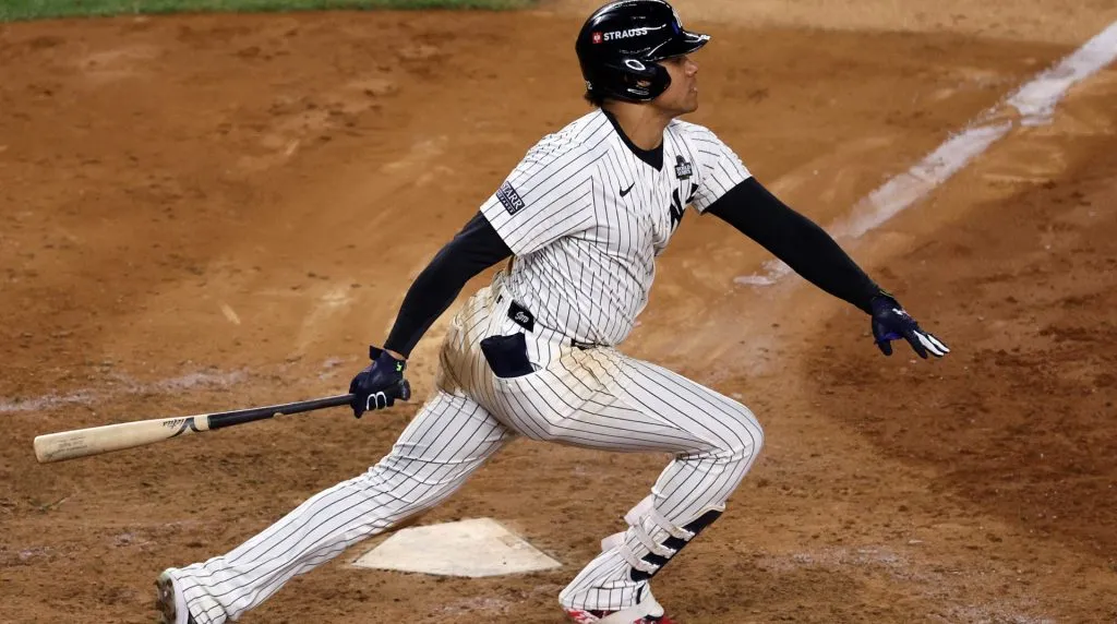 Juan Soto #22 of the New York Yankees flys out in the eighth inning against the Los Angeles Dodgers during Game Three of the 2024 World Series at Yankee Stadium on October 28, 2024 in the Bronx borough of New York City. (Photo by Elsa/Getty Images)