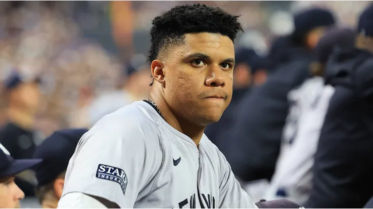 Juan Soto 22 of the New York Yankees is watching the action from the dugout during the sixth inning of the baseball game against the New York Mets.