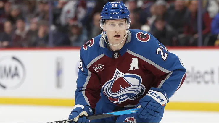 Nathan MacKinnon #29 of the Colorado Avalanche plays the Vegas Golden Knights in overtime at Ball Arena on November 27, 2024 in Denver, Colorado.