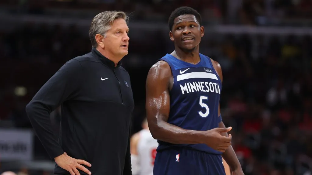 Head coach Chris Finch of the Minnesota Timberwolves talks with Anthony Edwards #5 against the Chicago Bulls during the first half of a preseason game at the United Center. (Michael Reaves/Getty Images)
