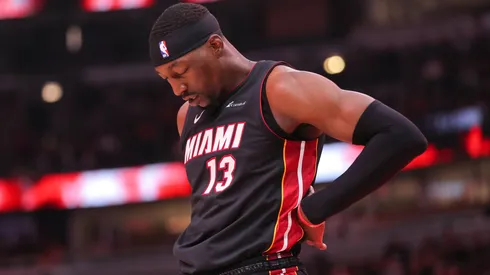 Bam Adebayo 13 of the Miami Heat prior to a game against the Chicago Bulls at the United Center