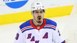 New York Rangers left wing Chris Kreider (20) celebrates after scoring during the National Hockey League game between the New Jersey Devils and the New York Rangers on March 4, 2021 at the Prudential Center in Newark, NJ.