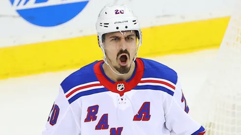 New York Rangers left wing Chris Kreider (20) celebrates after scoring during the National Hockey League game between the New Jersey Devils and the New York Rangers on March 4, 2021 at the Prudential Center in Newark, NJ.