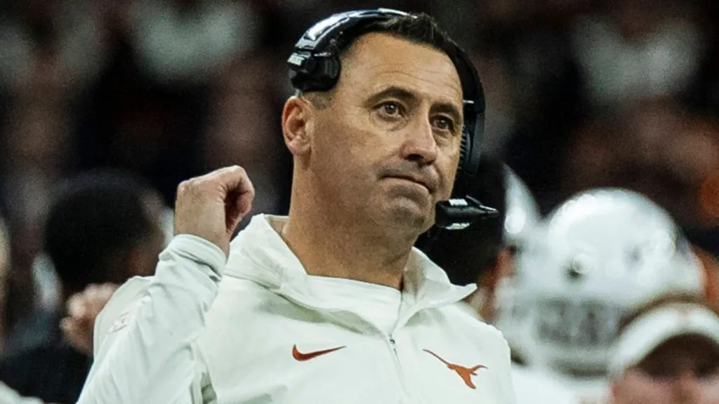 Texas head coach Steve Sarkisian reacts after a Longhorns touch down during the NCAA Allstate Sugar Bowl Semifinal football game between Washington Huskies and the Texas Longhorns in 2024. (Source: IMAGO / Newscom World)
