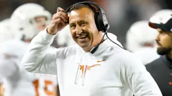 Texas head coach Steve Sarkisian smiles after a play during the first half of the college football game between the Texas A&M Aggies and the Texas Longhorns on November 30, 2024.