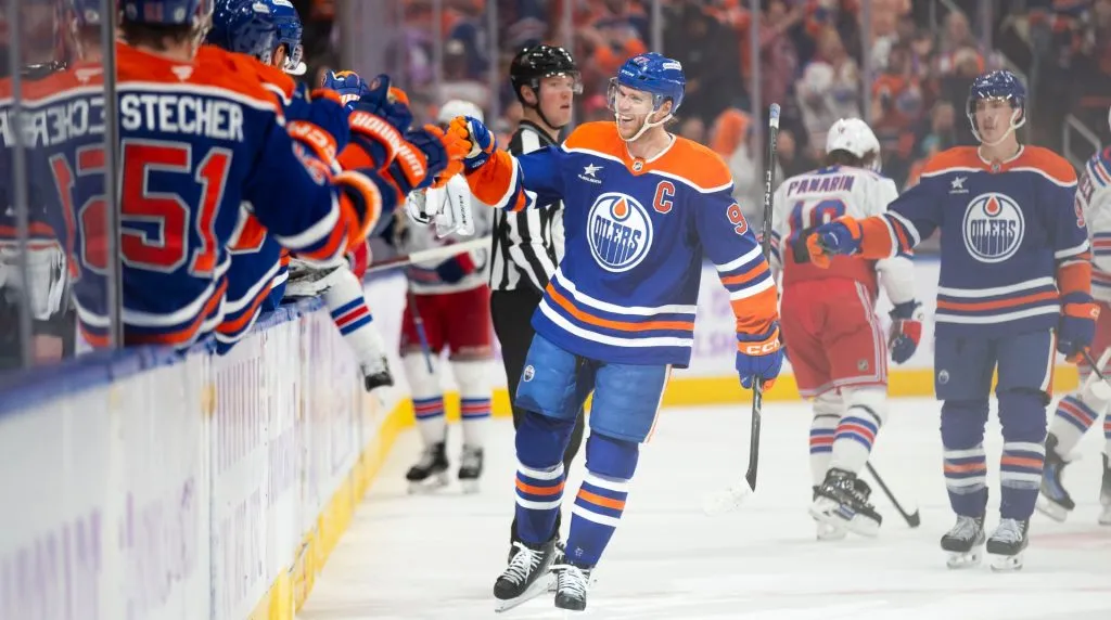Connor McDavid #97 of the Edmonton Oilers celebrates a goal against the New York Rangers during the third period at Rogers Place on November 23, 2024 in Edmonton, Canada. (Photo by Codie McLachlan/Getty Images)