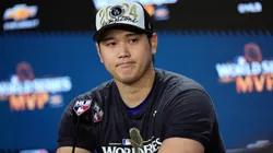 Shohei Ohtani #17 of the Los Angeles Dodgers talks to the media after the Dodgers defeated the New York Yankees 7-6 in game 5 to win the 2024 World Series at Yankee Stadium on October 30, 2024 in the Bronx borough of New York City.