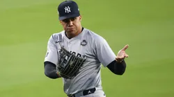 Juan Soto #22 of the New York Yankees gestures as they play the Los Angeles Dodgers in the sixth inning during Game Two of the 2024 World Series.