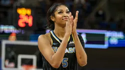 Chicago Sky's Angel Reese claps her hands during a match against the Indiana Fever