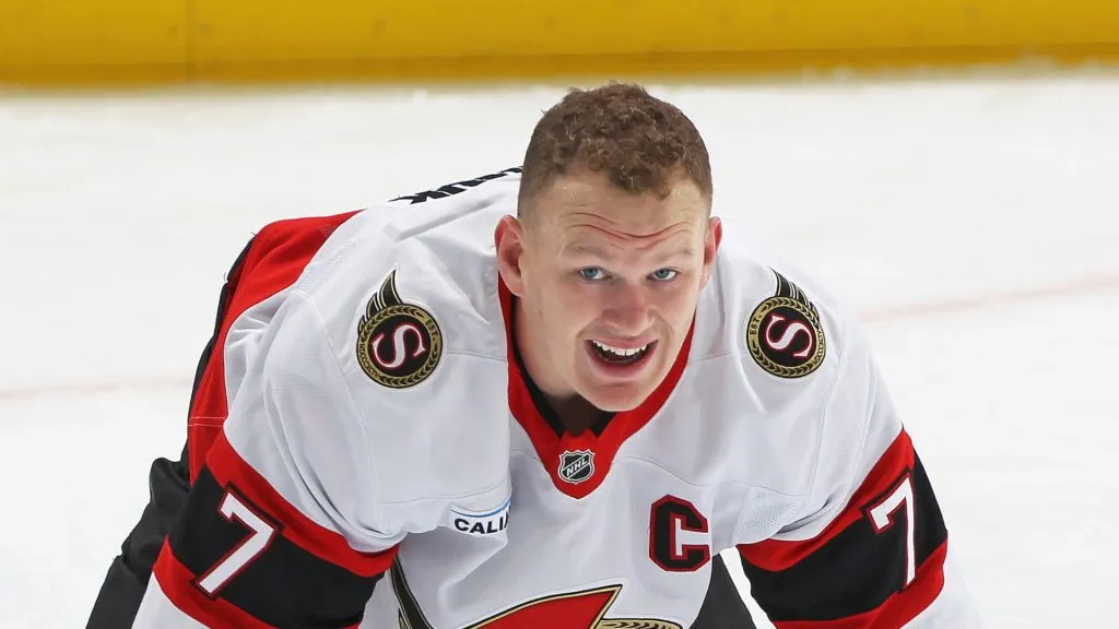 Brady Tkachuk #7 of the Ottawa Senators warms up prior to playing against the Toronto Maple Leafs in an NHL game at Scotiabank Arena on November 12, 2024 in Toronto, Ontario, Canada.