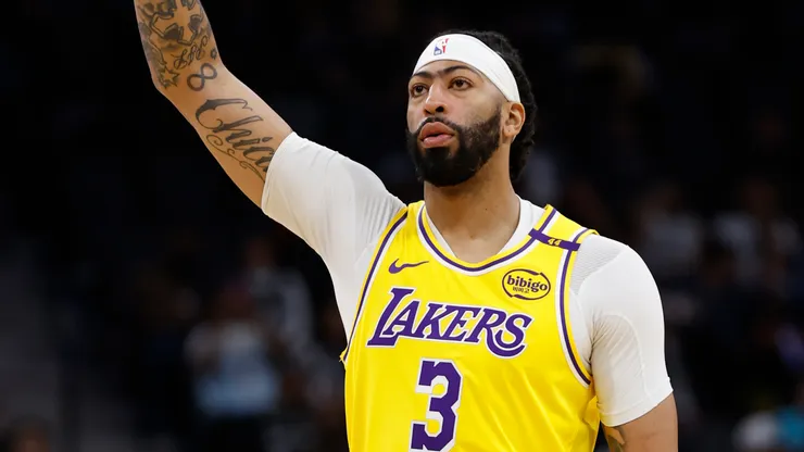 Anthony Davis #3 of the Los Angeles Lakers reacts in the game against the San Antonio Spurs during the first quarter at Frost Bank Center