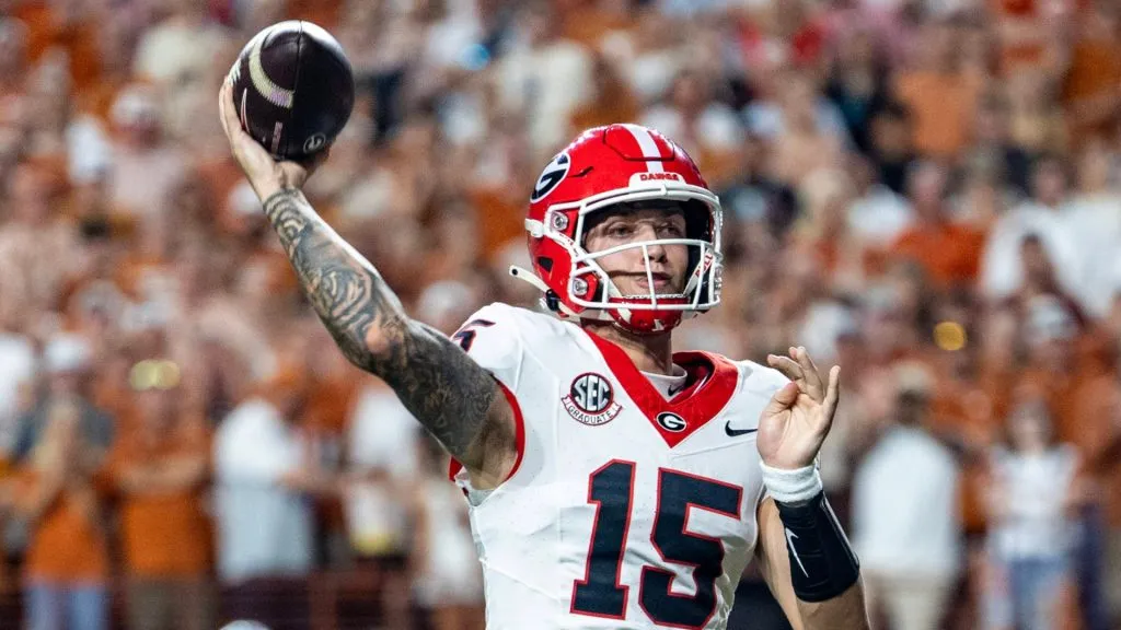 Carson Beck 15 of the Georgia Bulldogs in action vs the Texas Longhorns at DKR-Memorial Stadium.