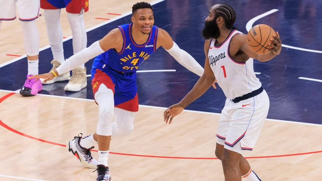 James Harden of the Los Angeles Clippers is defended by Russell Westbrook of the Denver Nuggets during their regular season game. (IMAGO / ZUMA Press Wire)