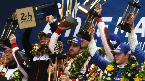 Fernando Alonso, Sebastien Buemi and Kazuki Nakajima celebrate winning the 2019 Le Mans 24 Hour Race