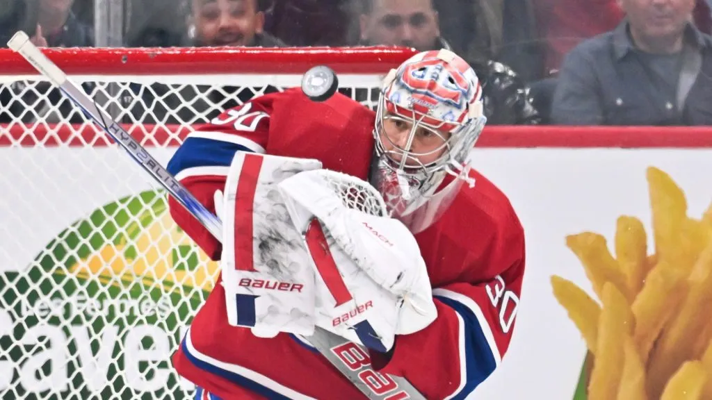 Cayden Primeau #30 of the Montreal Canadiens makes a save during the second period against the Toronto Maple Leafs at the Bell Centre on April 6, 2024 in Montreal, Quebec, Canada.