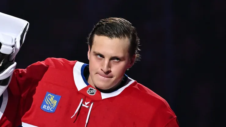 Cayden Primeau #30 of the Montreal Canadiens is introduced during the pre-game ceremony against the Toronto Maple Leafs at the Bell Centre on October 9, 2024 in Montreal, Quebec, Canada. The Montreal Canadiens defeated the Toronto Maple Leafs 1-0.