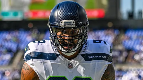 Seattle Seahawks defensive end Leonard Williams (99) warms up prior to the Seattle Seahawks game versus the Baltimore Ravens on November 5, 2023 at M&T Bank Stadium in Baltimore, MD.