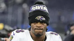 Baltimore Ravens quarterback Lamar Jackson (8) after the Baltimore Ravens game versus the Los Angeles Chargers on November 25, 2024, at Sofi Stadium in Inglewood, CA.
