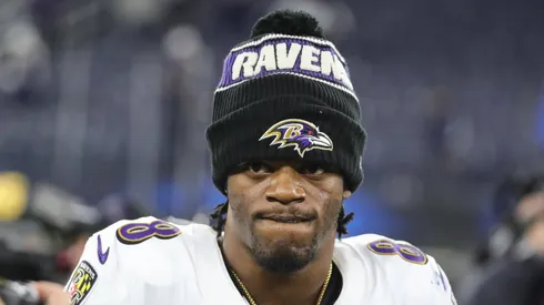Baltimore Ravens quarterback Lamar Jackson (8) after the Baltimore Ravens game versus the Los Angeles Chargers on November 25, 2024, at Sofi Stadium in Inglewood, CA.