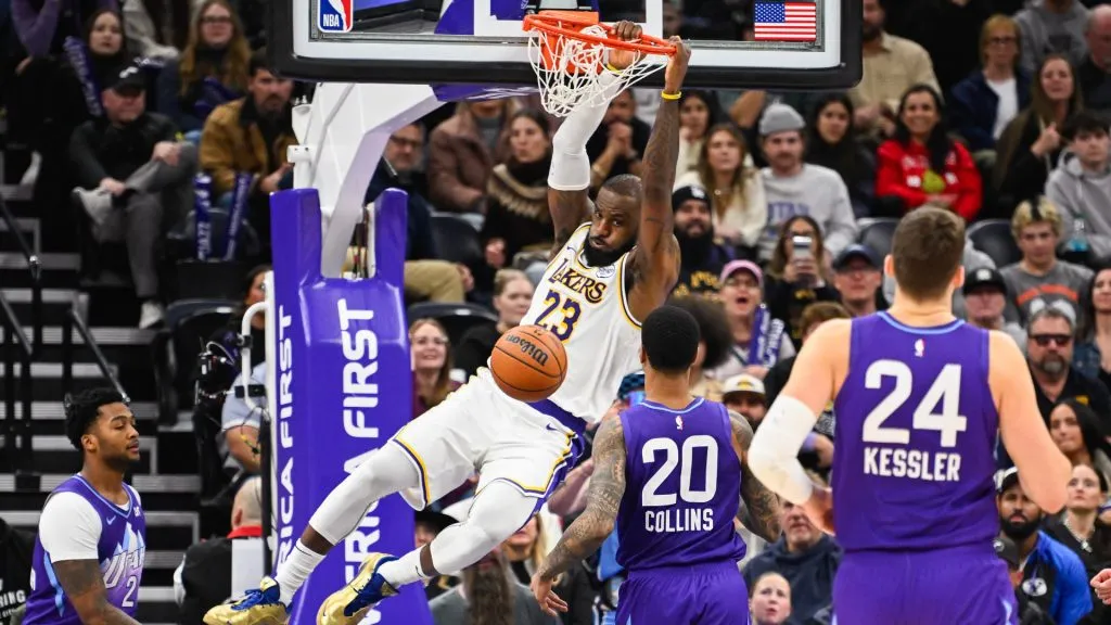 LeBron James #23 of the Los Angeles Lakers dunks during the second half against the Utah Jazz at Delta Center. (Alex Goodlett/Getty Images)
