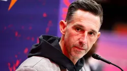 Head coach of the San Francisco 49ers Kyle Shanahan is interviewed during the Super Bowl LVIII Opening Night presented by Gatorade featuring the AFC Champion Kansas City Chiefs and the NFC Champion San Francisco 49ers on February 5, 2024 at Allegiant Stadium in Las Vegas, Nevada.