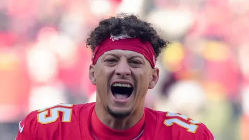 Patrick Mahomes #15 of the Kansas City Chiefs yells prior to a game against the Houston Texans at GEHA Field at Arrowhead Stadium on December 21, 2024 in Kansas City, Missouri.