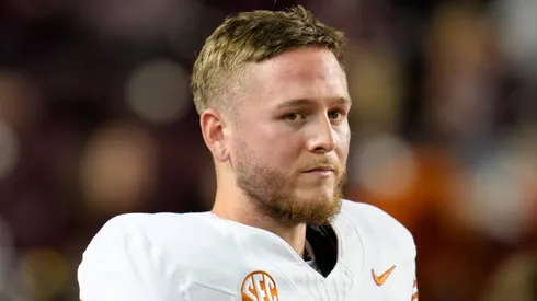 Texas quarterback Quinn Ewers (3) on the field before the start of the college football game between the Texas A&M Aggies and the Texas Longhorns on November 30, 2024 in College Station, Texas.