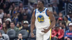 Draymond Green reacts to making a basket in the first half of a game between the Golden State Warriors and Los Angeles Clippers