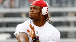 Alabama vs Wisconsin SEP 14 September 14, 2024: Alabama Crimson Tide quarterback Jalen Milroe (4) warming up before the NCAA Football game between the Alabama Crimson Tide and the Wisconsin Badgers at Camp Randall Stadium in Madison, WI.