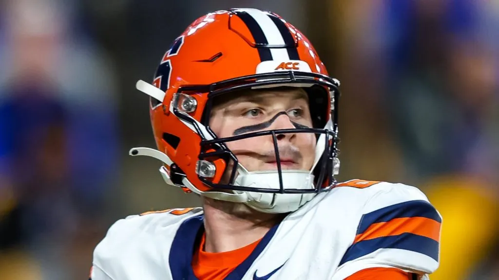 Syracuse Orange quarterback Kyle McCord (6) loads up to pass during the NCAA, College League, USA football game between the Pitt Panthers and the Syracuse Orange at Acrisure Stadium in Pittsburgh, Pennsylvania.