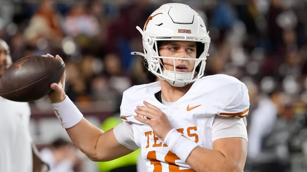 Texas quarterback Arch Manning (16) on the field during pregame warmups before the start of the college football game between the Texas A&amp;M Aggies and the Texas Longhorns on November 30, 2024 in College Station, Texas.