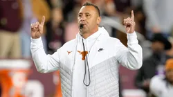 Texas head coach Steve Sarkisian during pregame warmups before the start of the college football game between the Texas A&M Aggies and the Texas Longhorns on November 30, 2024 in College Station, Texas.