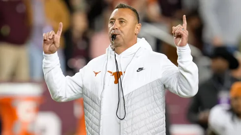 Texas head coach Steve Sarkisian during pregame warmups before the start of the college football game between the Texas A&M Aggies and the Texas Longhorns on November 30, 2024 in College Station, Texas.