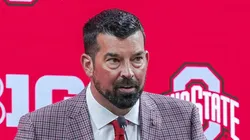 Ohio State Buckeyes head coach Ryan Day speaks during Big Ten Media Days at Lucas Oil Stadium, Indianapolis, Indiana.
