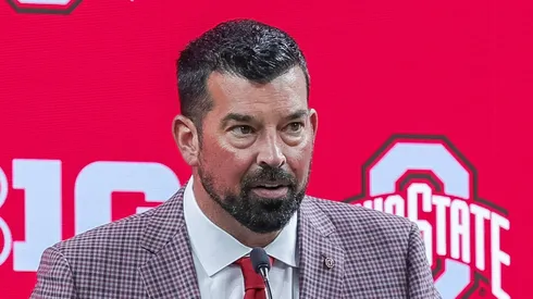 Ohio State Buckeyes head coach Ryan Day speaks during Big Ten Media Days at Lucas Oil Stadium, Indianapolis, Indiana.