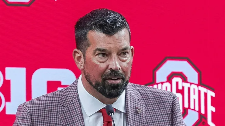 Ohio State Buckeyes head coach Ryan Day speaks during Big Ten Media Days at Lucas Oil Stadium, Indianapolis, Indiana.