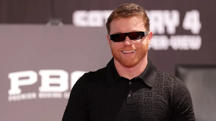 : Canelo Alvarez arrives at a news conference to preview his super middleweight fight against Jaime Munguia at The Beverly Hills Hotel on March 19, 2024 in Beverly Hills, California.