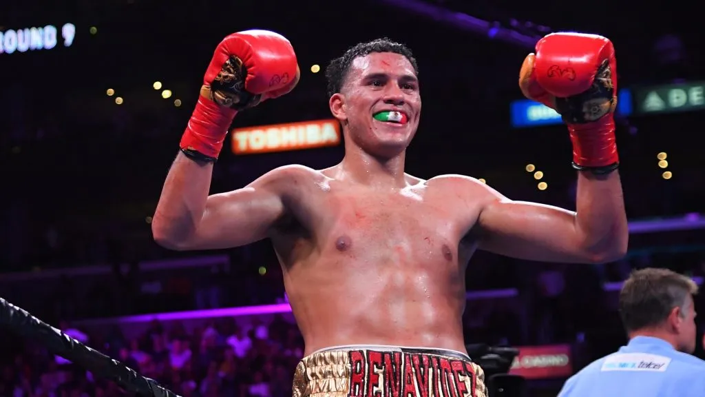 David Benavidez (red/green trunks) reacts after defeating Anthony Dirrell (not in frame) after a corner stoppage in their WBC Super Middleweight Championship fight at Staples Center on September 28, 2019 in Los Angeles, California. (Photo by Jayne Kamin-Oncea/Getty Images)