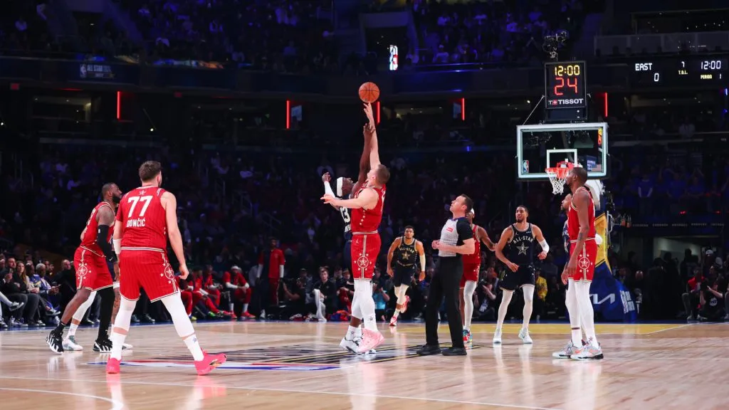 A general view of the opening tipoff between Eastern Conference All-Stars and Western Conference All-Stars. (Stacy Revere/Getty Images)